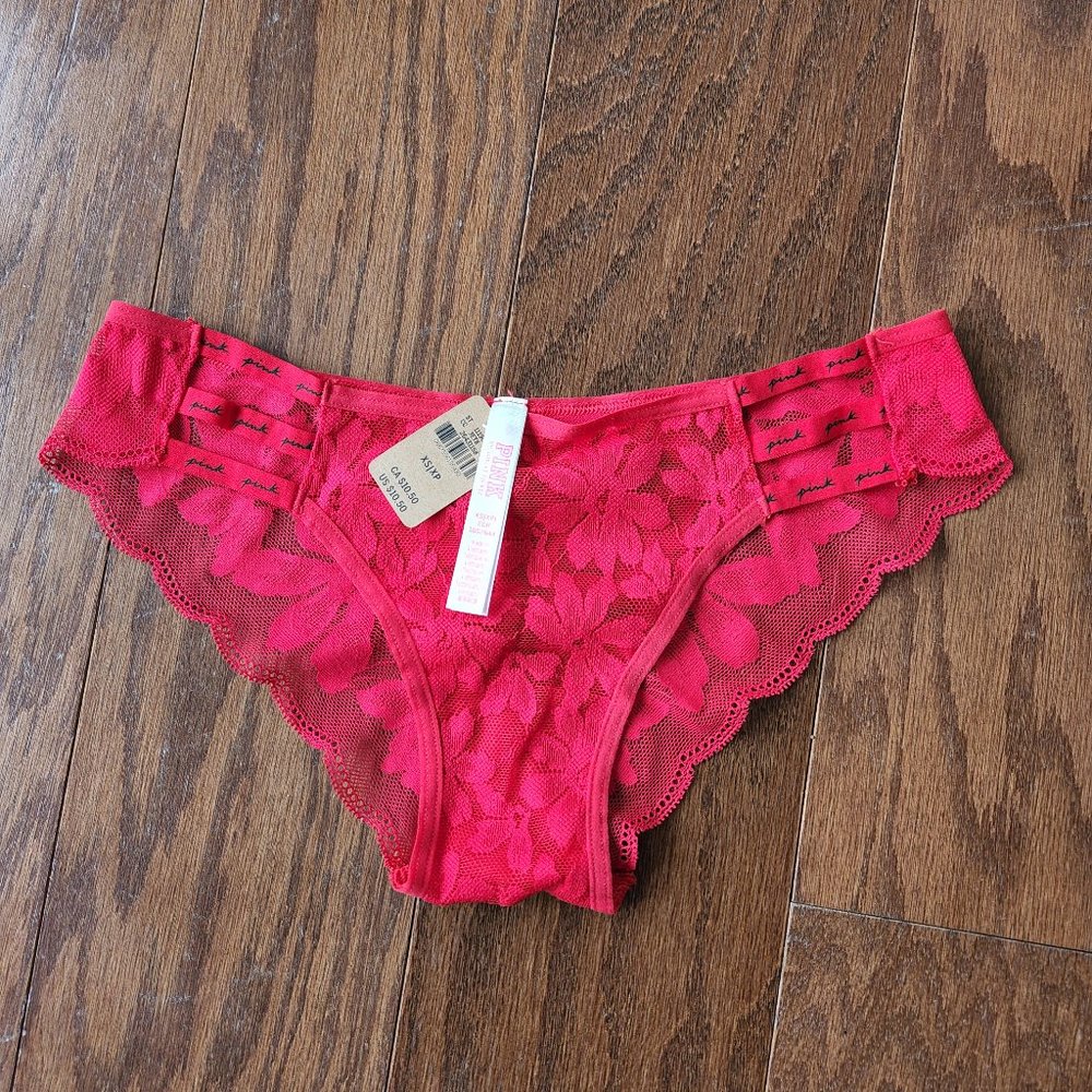 NWT PINK Strappy Logo Cheekster Red Lace Panty